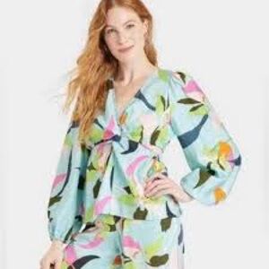 A New Day Bright Tropical Floral Twist Front Cut Out Blouse